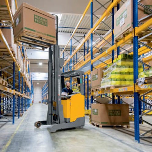 Jungheinrich forklift in warehouse aisle